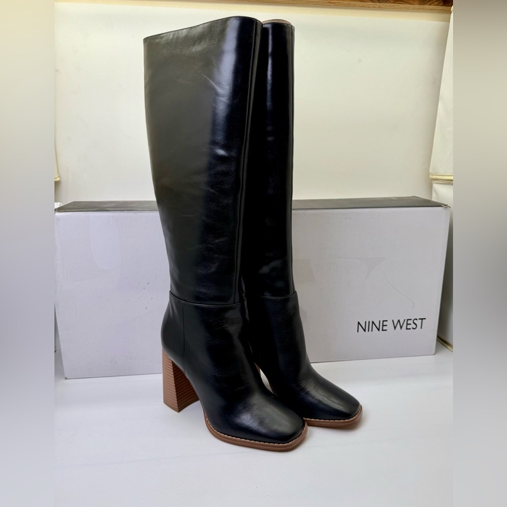 Nine‎ West Tall Black Leather Block Heel Boots – Size 5 – New in Box